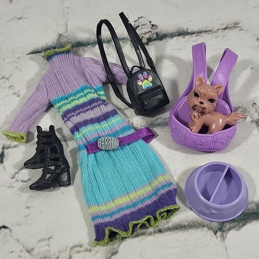 Barbie Doll Pet Sitter‎ Dog Walker Lot Y2K Dress Shoes Bag Pet Carrier Purple